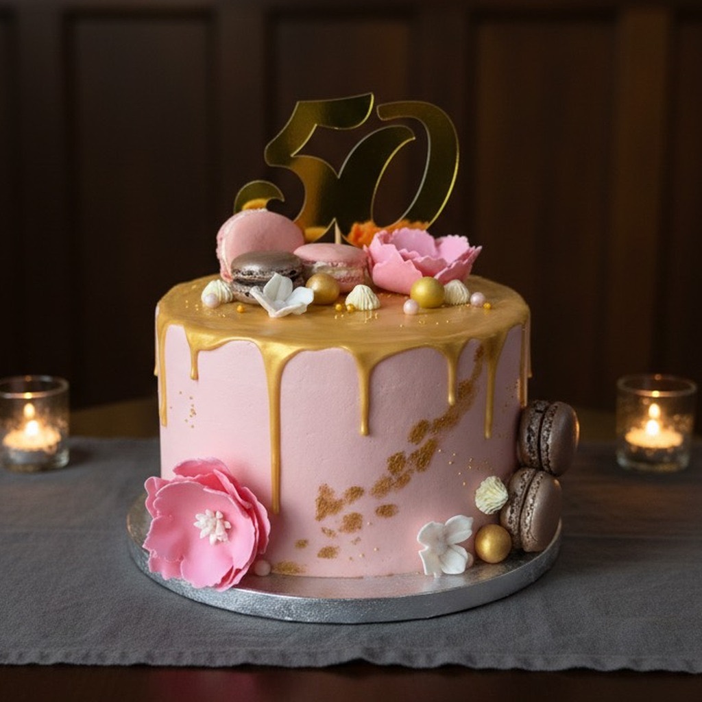 Pink buttercream 50th birthday cake with a gold drip, sugar peonies, macarons and gold leaf