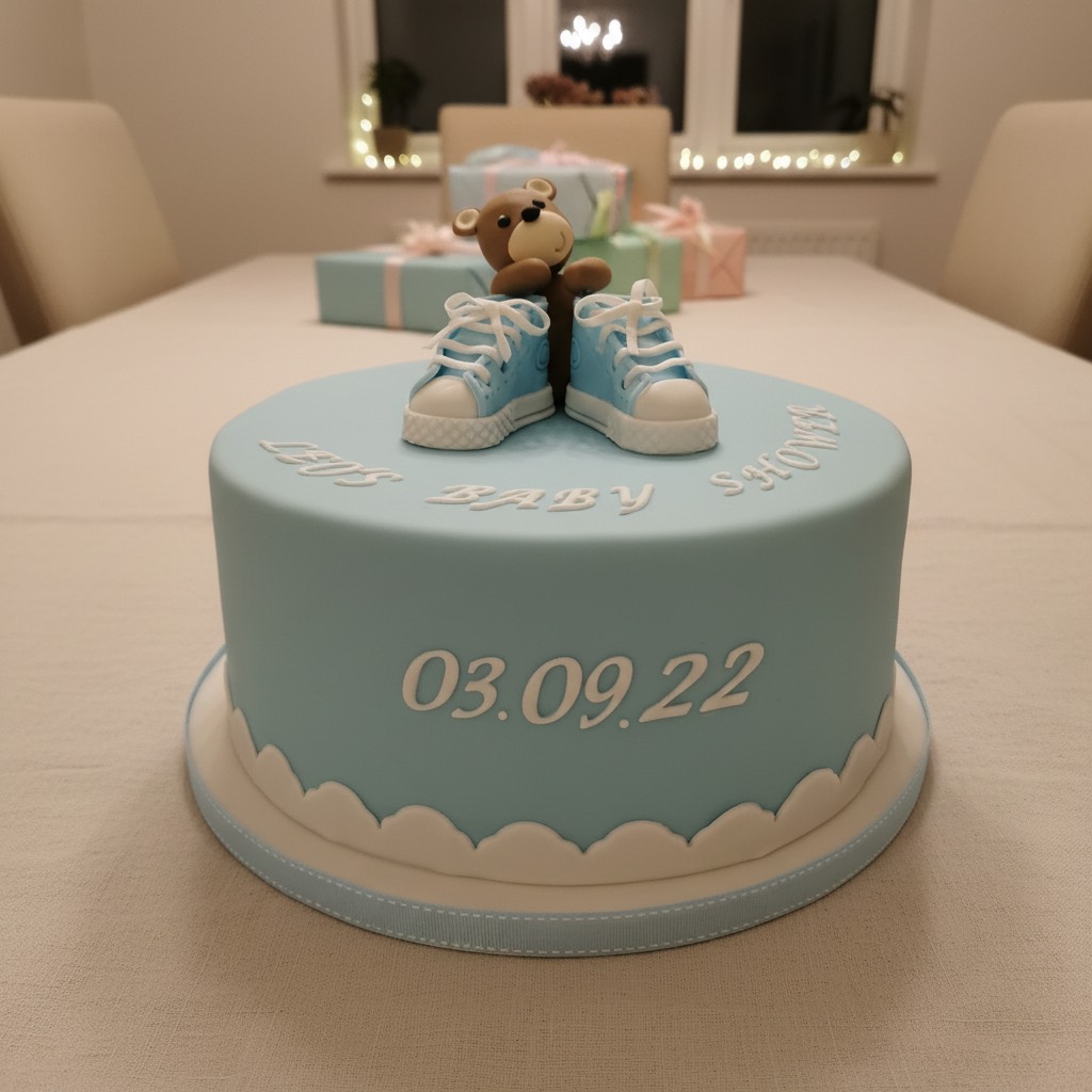 Blue fondant baby shower cake with a hand modelled teddy, fondant trainers and piped lettering