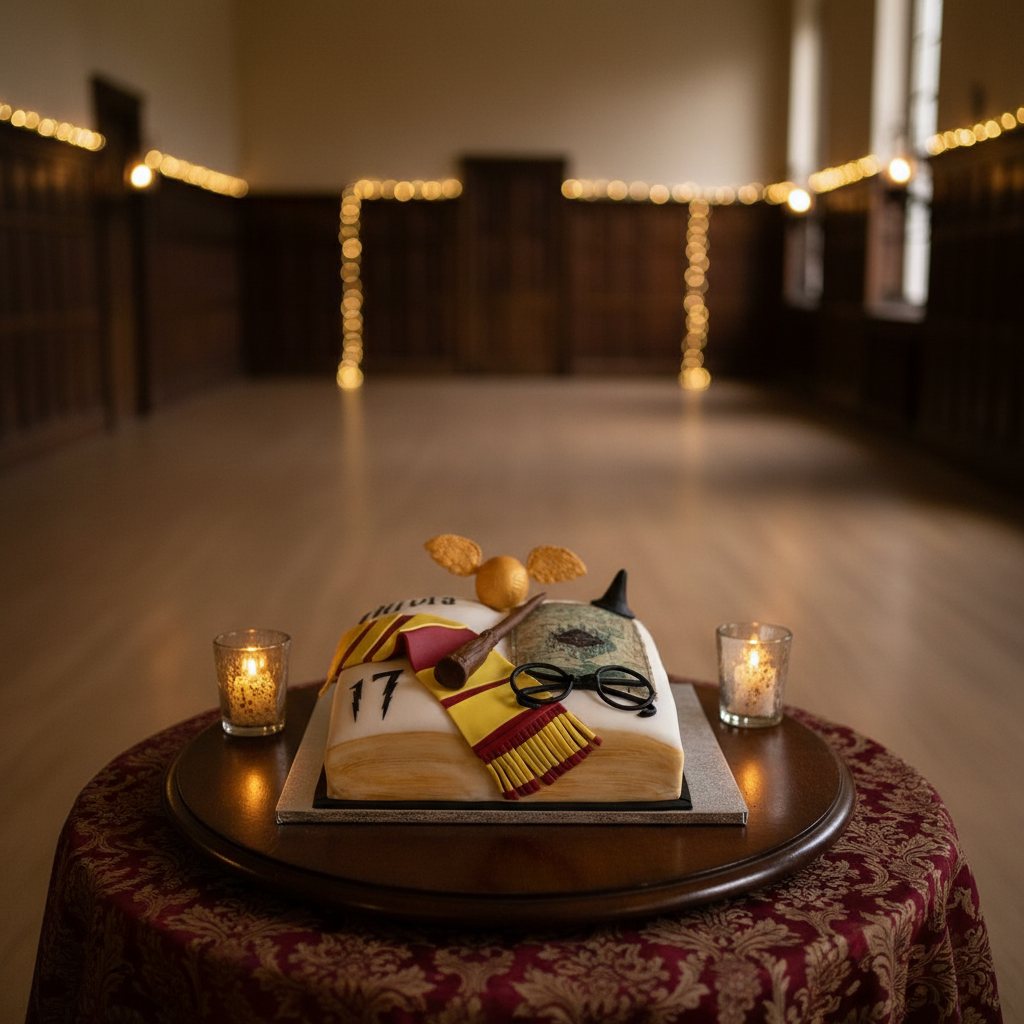 Open book cake hand painted as a wizarding spell book with a scarf, wand and glasses