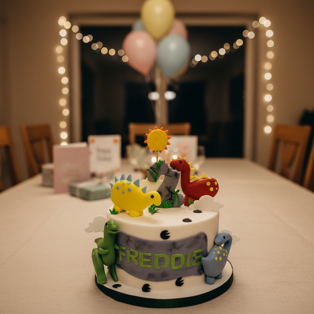 Dinosaur scene cake with hand modelled dinosaurs and a fondant name banner