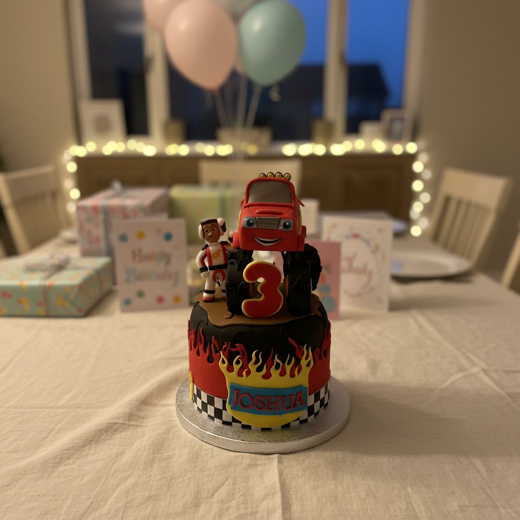 Monster truck cake with a hand modelled truck, flames and a number three
