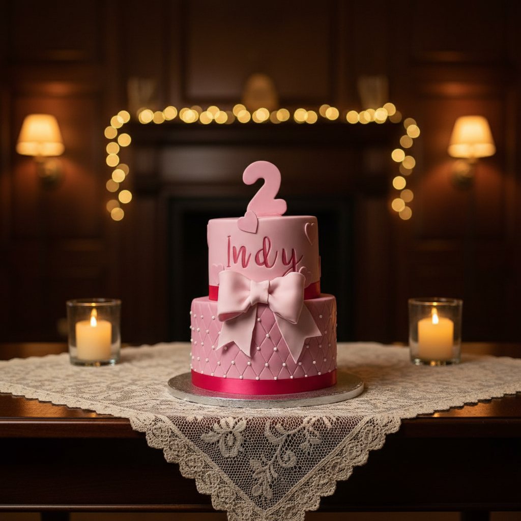 Two tier pink cake with a large fondant bow, quilted pearls and a number topper