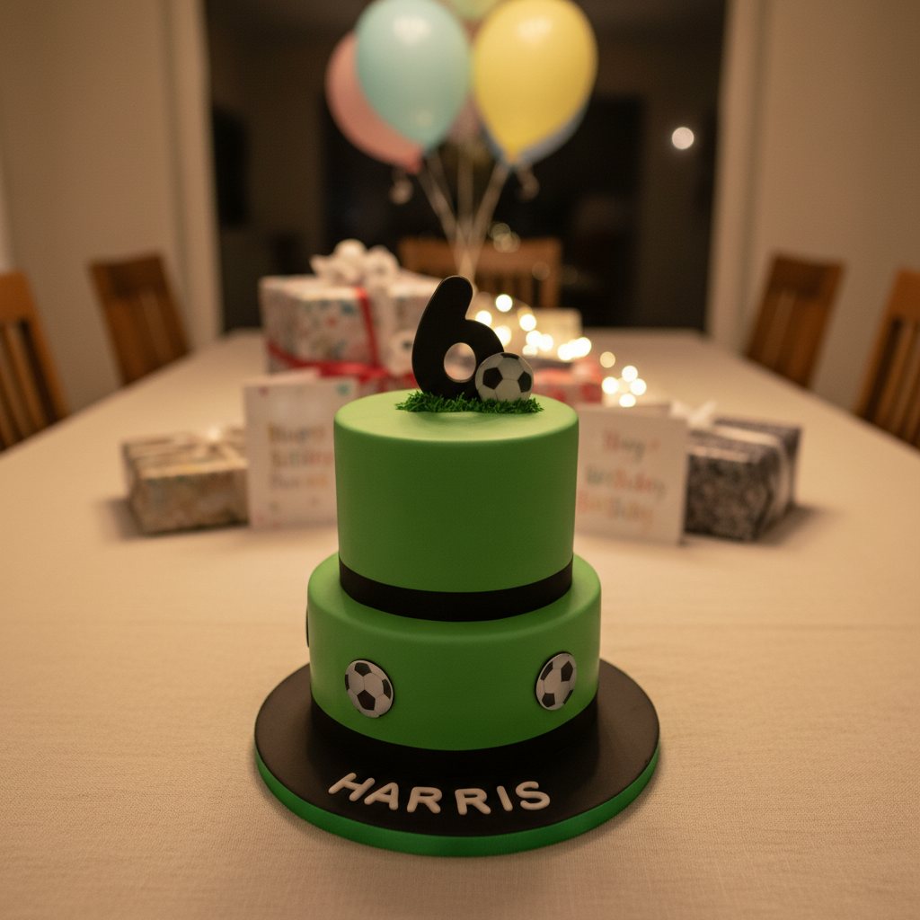 Two tier football cake in smooth green fondant with a ribbon and a name band