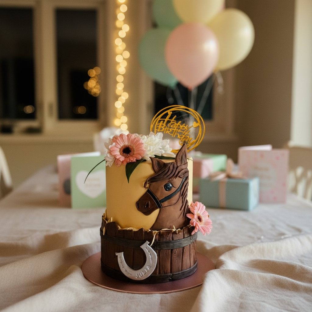 Two tier horse cake with a hand modelled horse head, fresh gerberas and a wooden barrel base